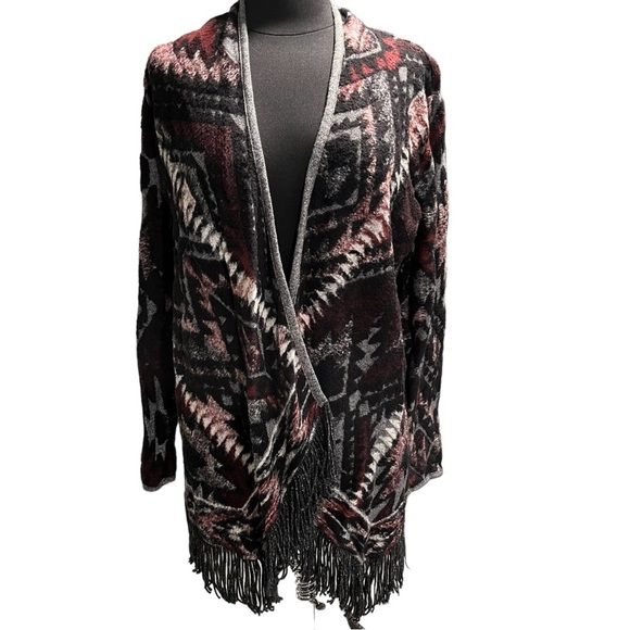 Lucky Brand Aztec Serape Fringe Open Front Cardigan Sweater size Medium - Picture 4 of 10